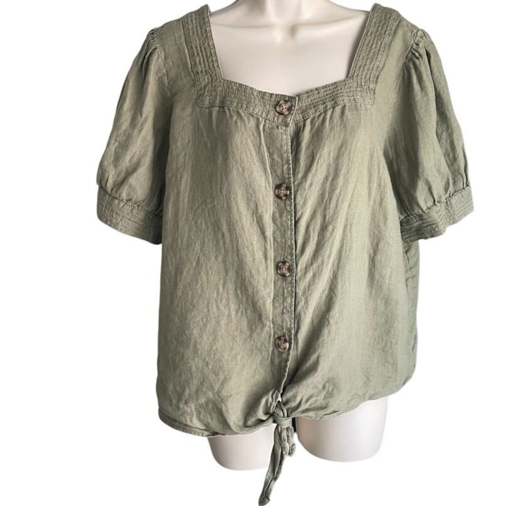 Talbots 100% Linen Summer Tie Front Blouse‎ Sage Green Puff Sleeve Square Neck L